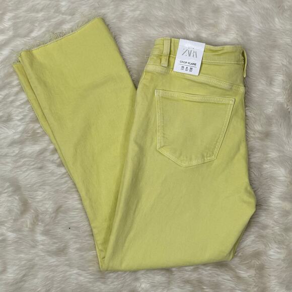 Zara Mid Rise Crop Flare Lime Yellow Stretch Jeans NWT Size 8 - Picture 15 of 15